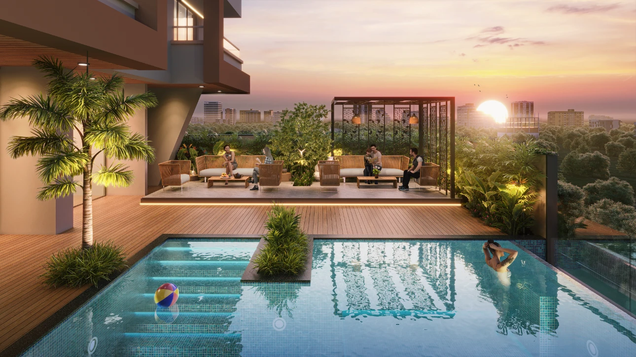 Pool deck lounge at sunset