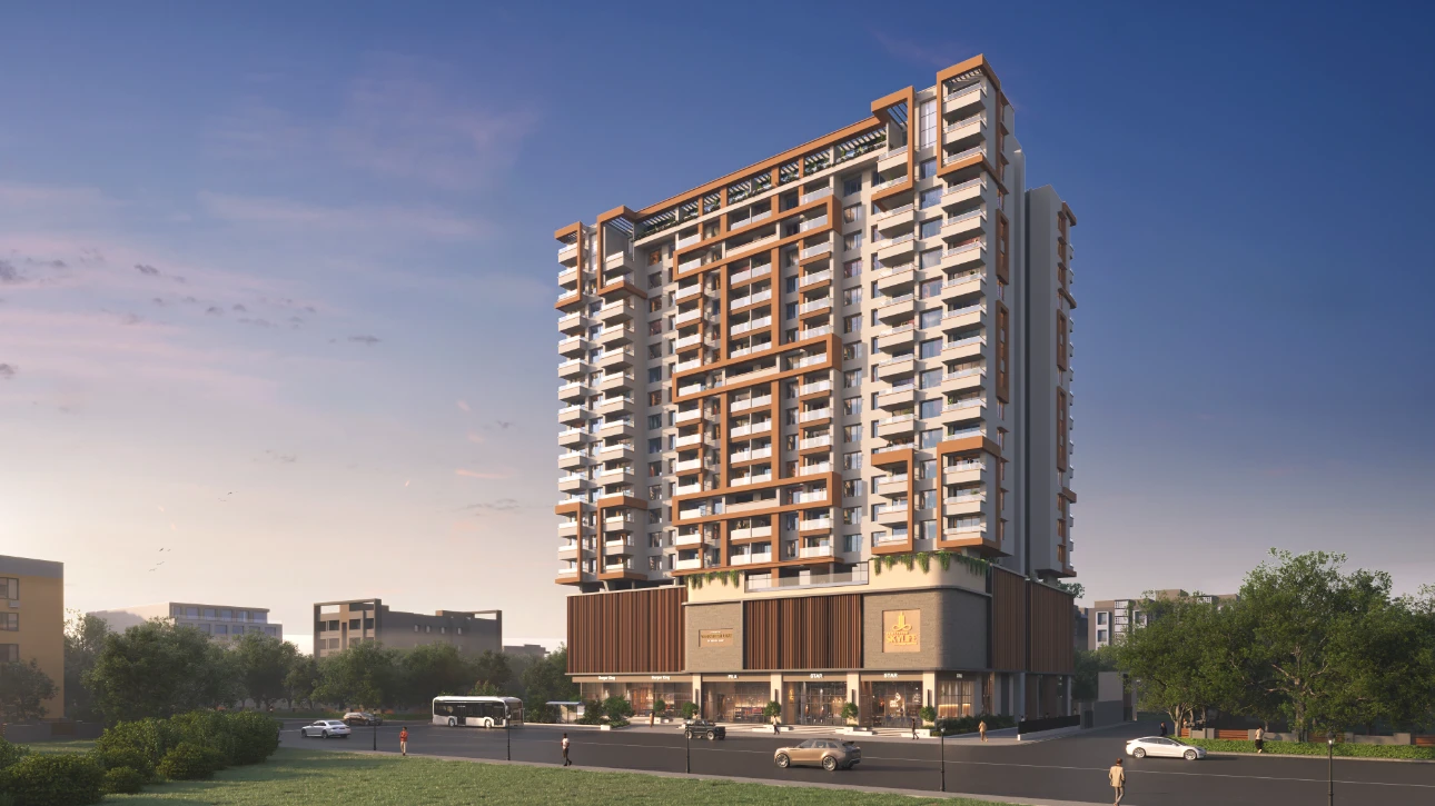 Corner elevation view at dusk